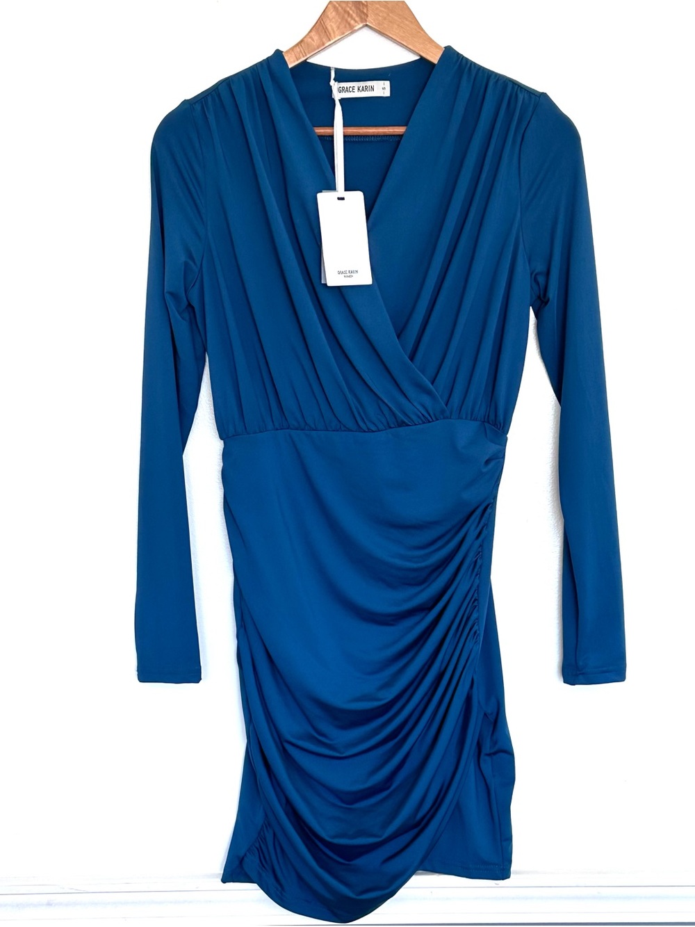 NWT Grace Karin Dress Women’s Small Ruched V Neck Long Sleeve Pullover